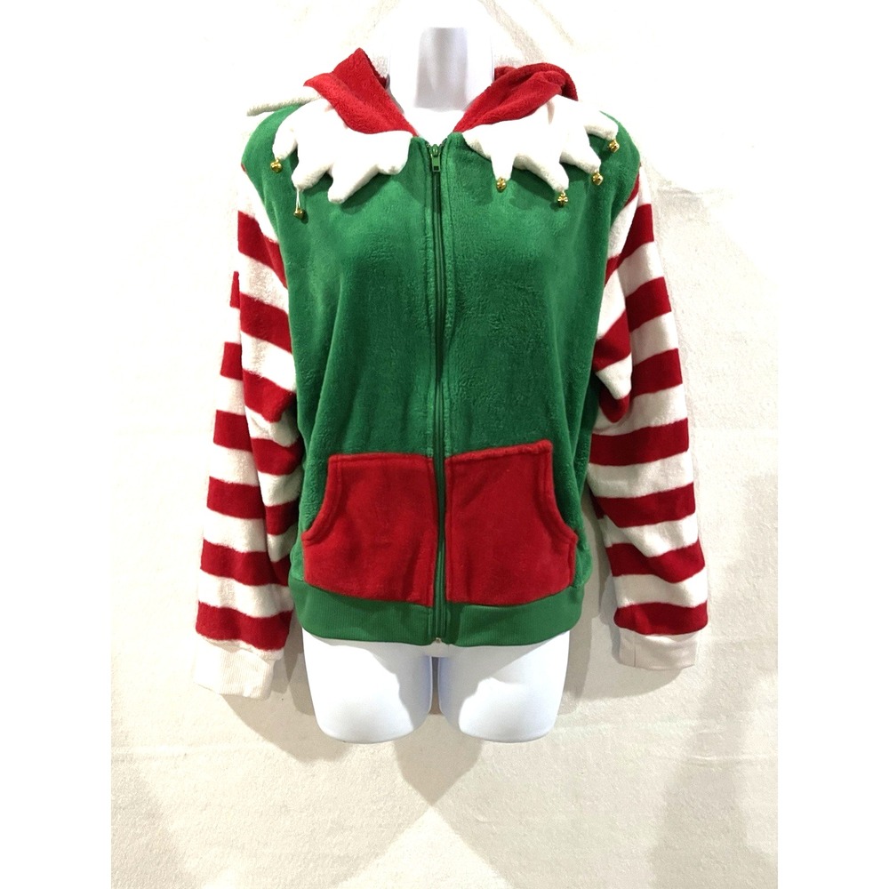 Christmas Festive Elf Hoodie Fleece XL Jingle Bell Red Stripe Ugly Sweater Party